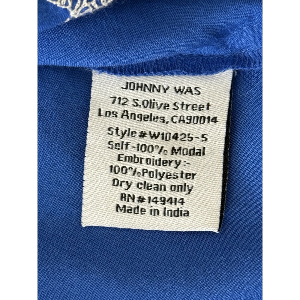 JOHNNY WAS Workshop Sm Blue Embroidered Top 100% Modal Button Up Scallop Sleeve - Picture 8 of 16